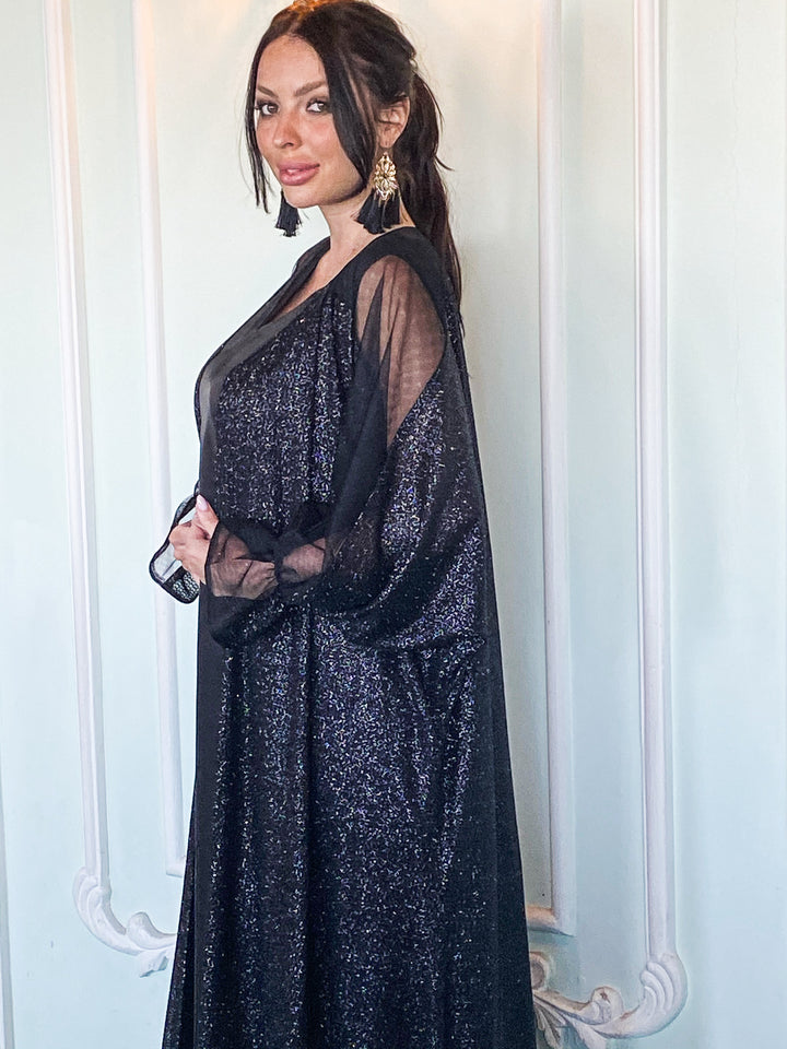 Glittery Glamorous Black Lace Abaya with Seamless Black Dress (Suitable for S, M and L sizes)