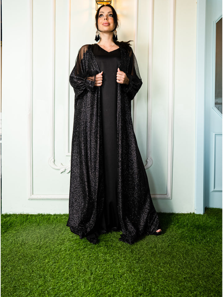 Glittery Glamorous Black Lace Abaya with Seamless Black Dress (Suitable for S, M and L sizes)
