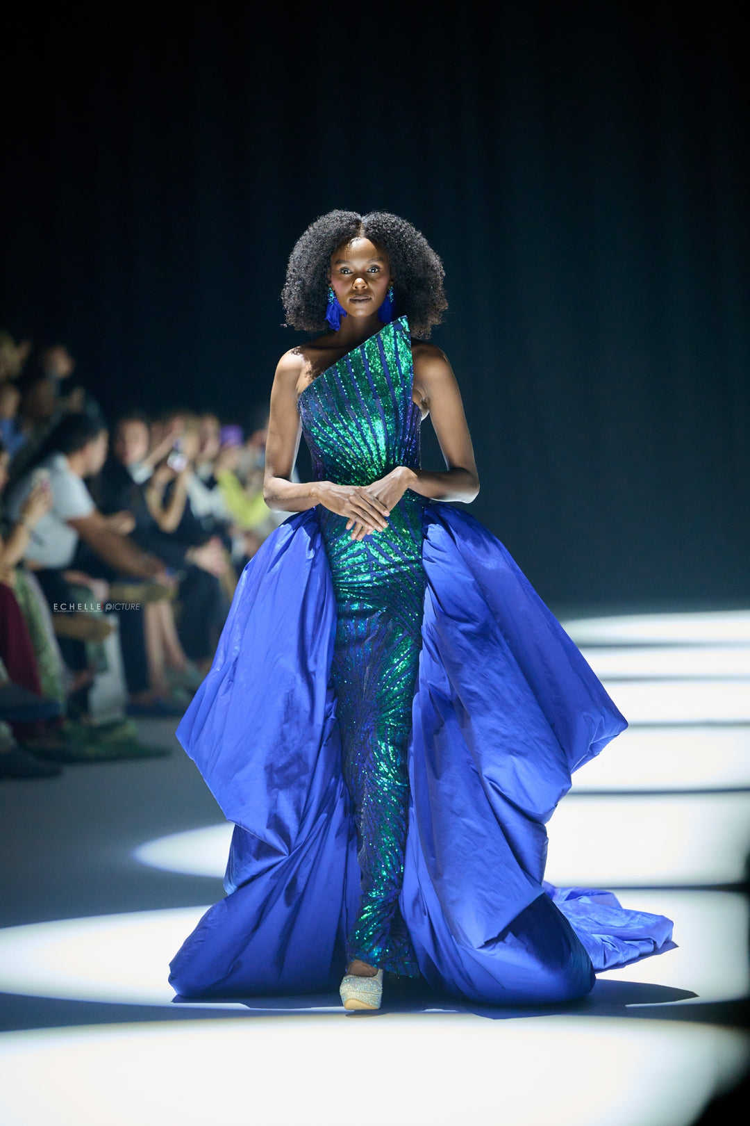 Blue-Green Iridescent Sequin Fabric on Black Mesh ( 1 Piece = 4 Meter)