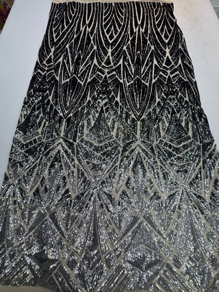 Silver and Black Art Deco Sequin Fabric( 1 Piece = 3 Meter)
