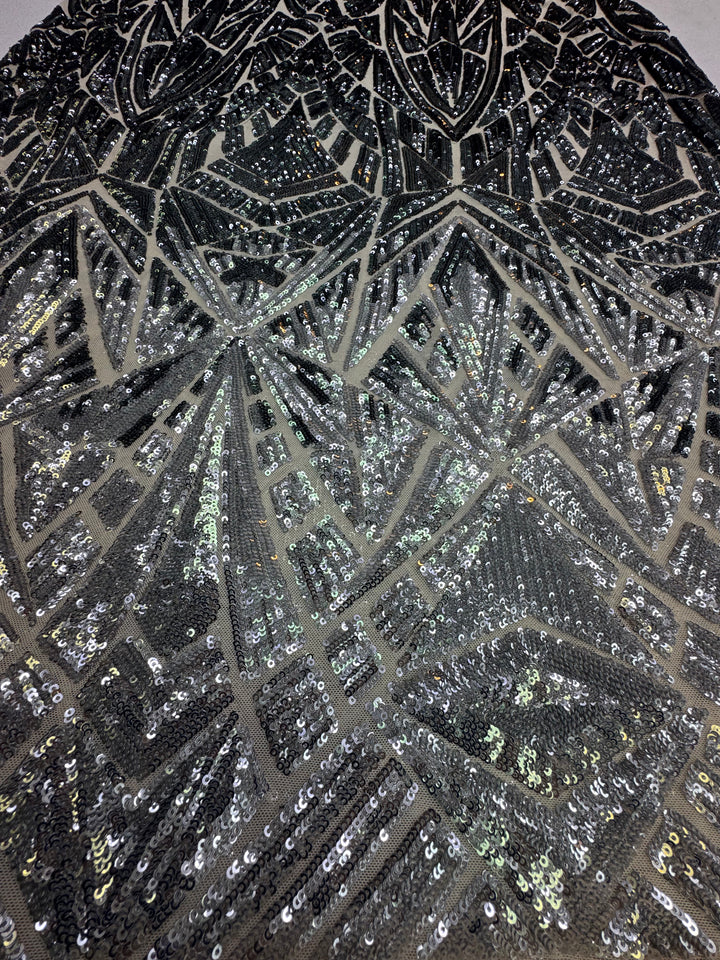 Silver and Black Art Deco Sequin Fabric( 1 Piece = 3 Meter)