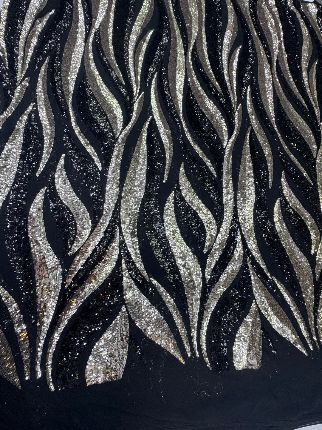 Luxury Metallic Sequin Fabric on Black Mesh