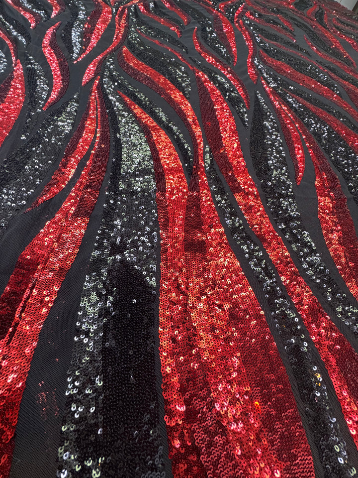 Red and Black Flame Sequin Fabric on Black Mesh ( 1 Piece = 3 Meter)