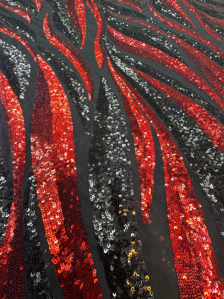 Red and Black Flame Sequin Fabric on Black Mesh ( 1 Piece = 3 Meter)