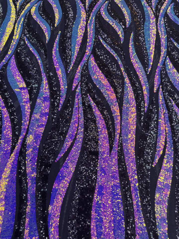 Iridescent Purple and Gold Sequin Fabric on Black Mesh ( 1 Piece = 3.5 Meter)