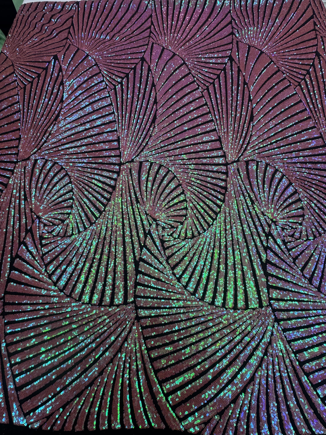 Iridescent Sequin Fan Pattern on Mauve Mesh