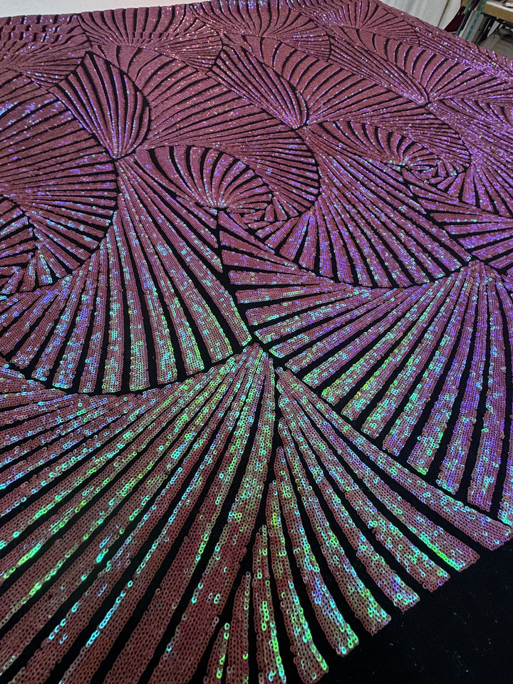 Iridescent Sequin Fan Pattern on Mauve Mesh