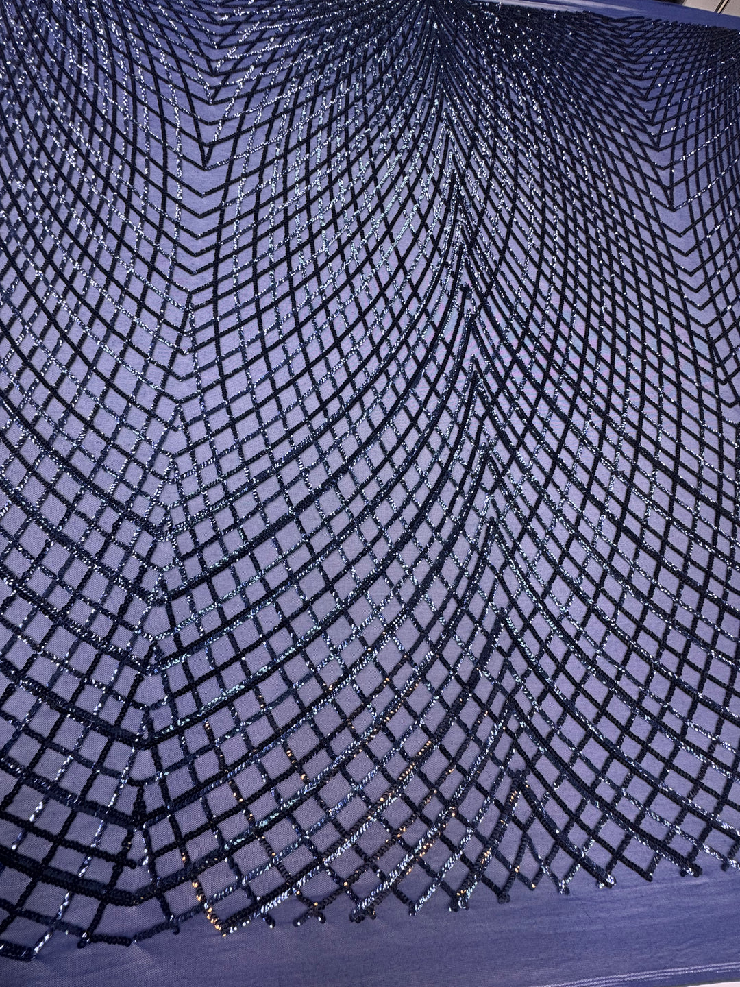 Midnight Mirage – Navy Chevron Sequin Embroidered Mesh