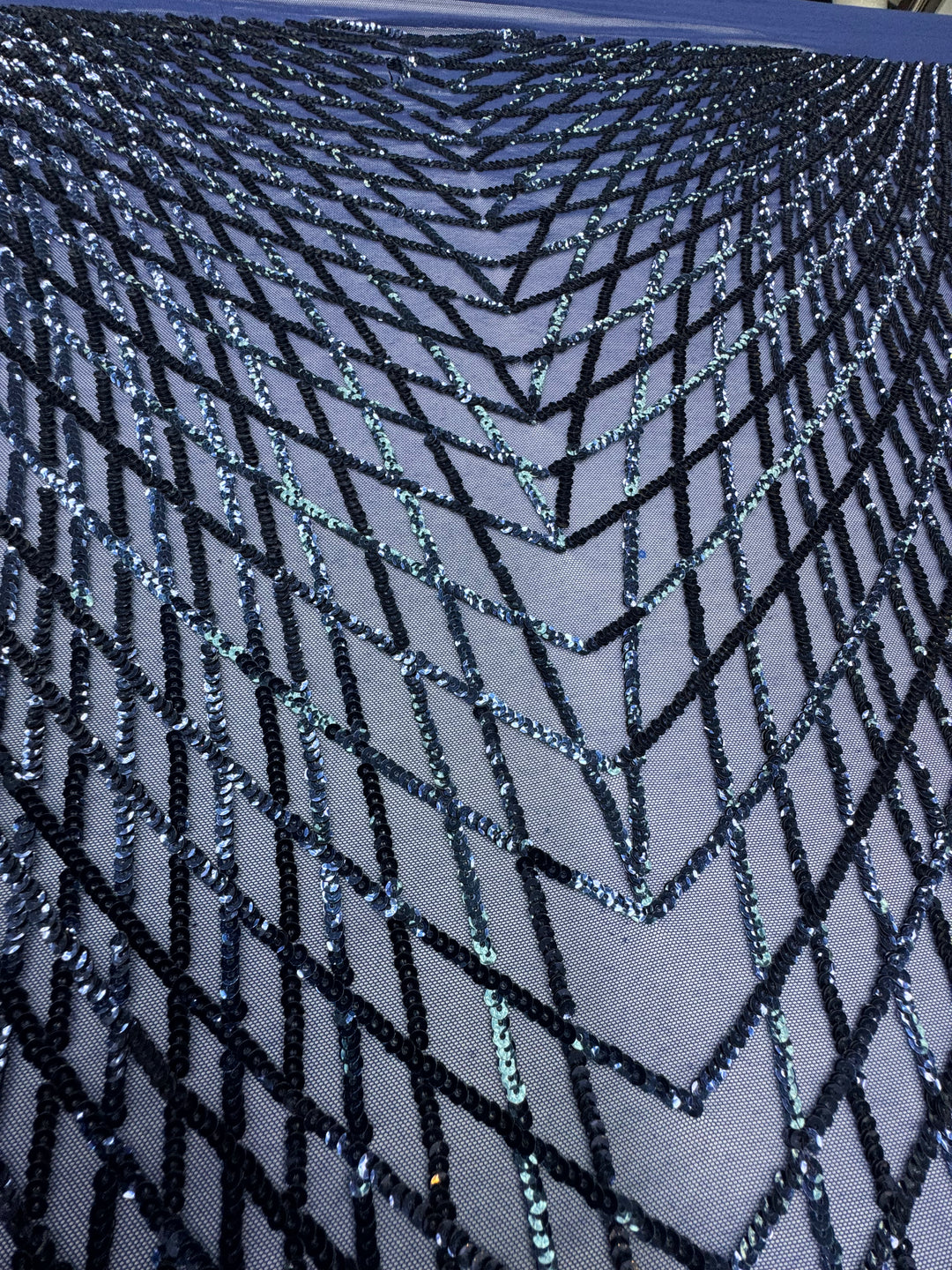 Midnight Mirage – Navy Chevron Sequin Embroidered Mesh