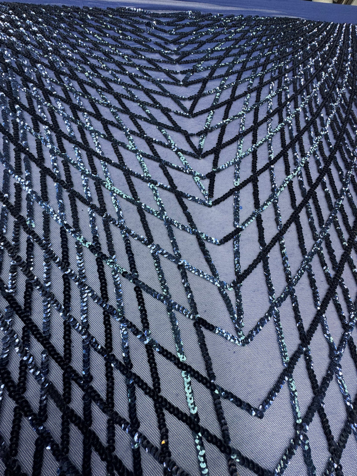 Midnight Mirage – Navy Chevron Sequin Embroidered Mesh