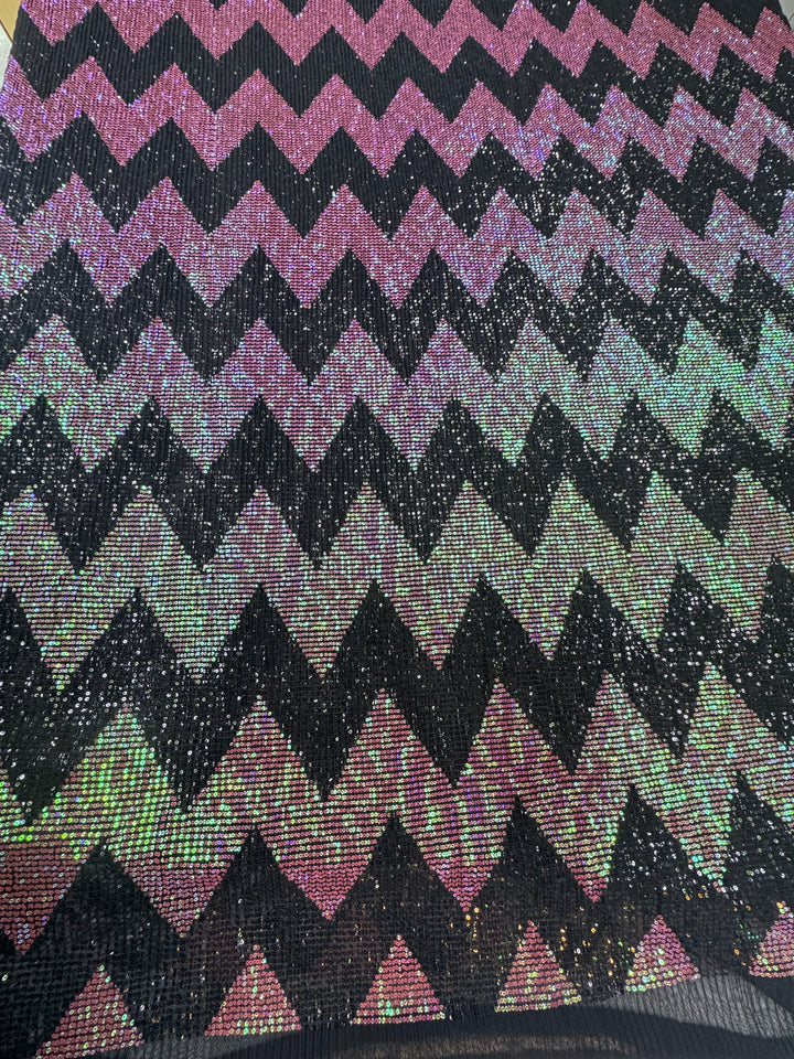 Pink-Green Iridescent Chevron Sequin Fabric on Black Mesh