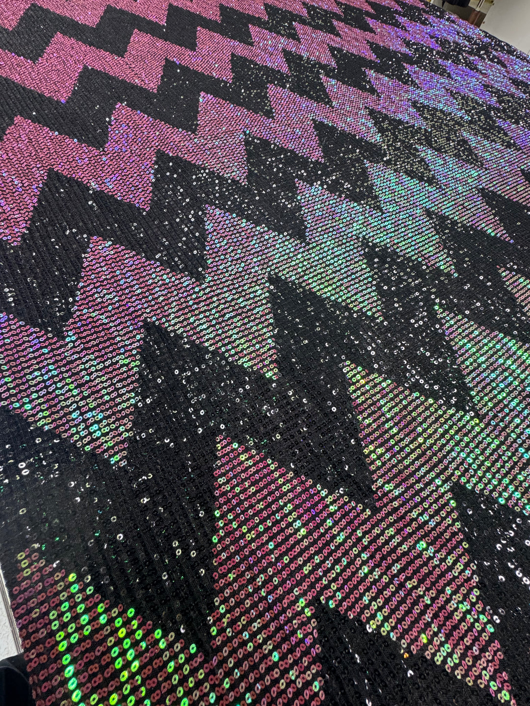 Pink-Green Iridescent Chevron Sequin Fabric on Black Mesh