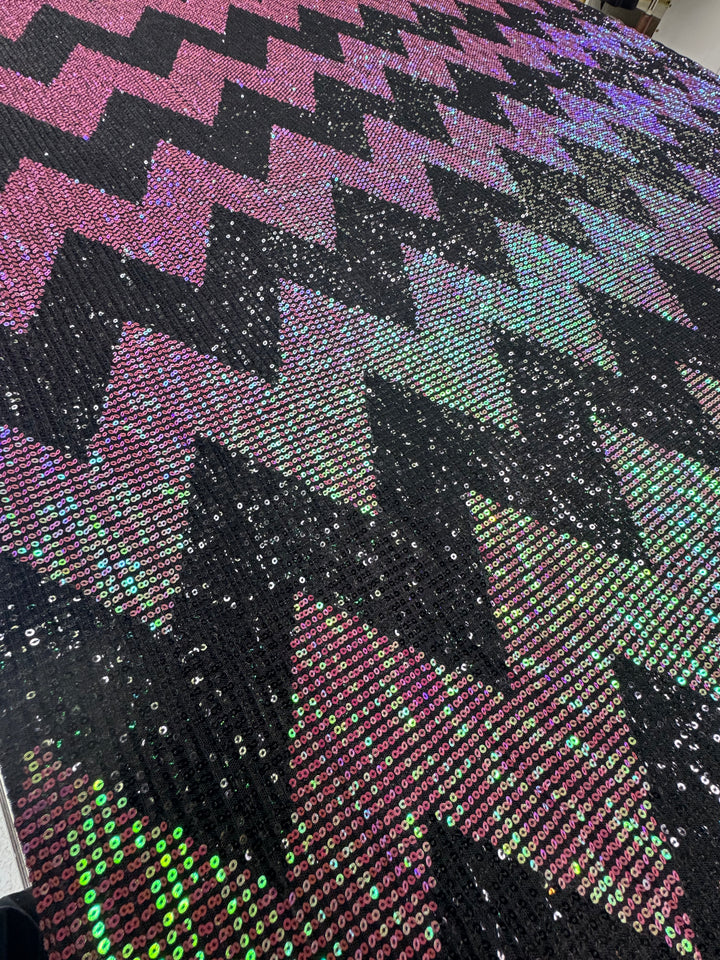 Pink-Green Iridescent Chevron Sequin Fabric on Black Mesh