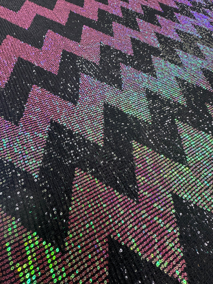 Pink-Green Iridescent Chevron Sequin Fabric on Black Mesh