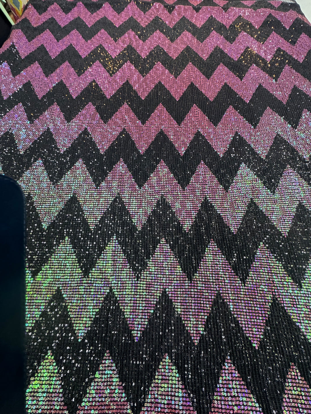 Pink-Green Iridescent Chevron Sequin Fabric on Black Mesh