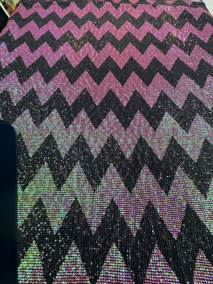 Pink-Green Iridescent Chevron Sequin Fabric on Black Mesh