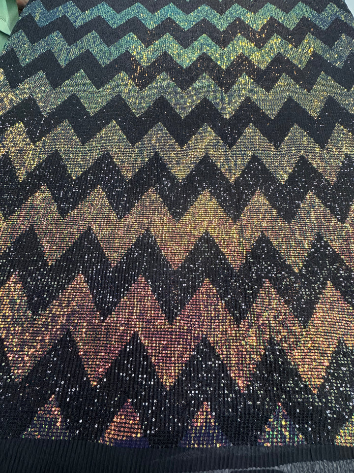 Chevron Holographic Sequin Fabric on Black Mesh
