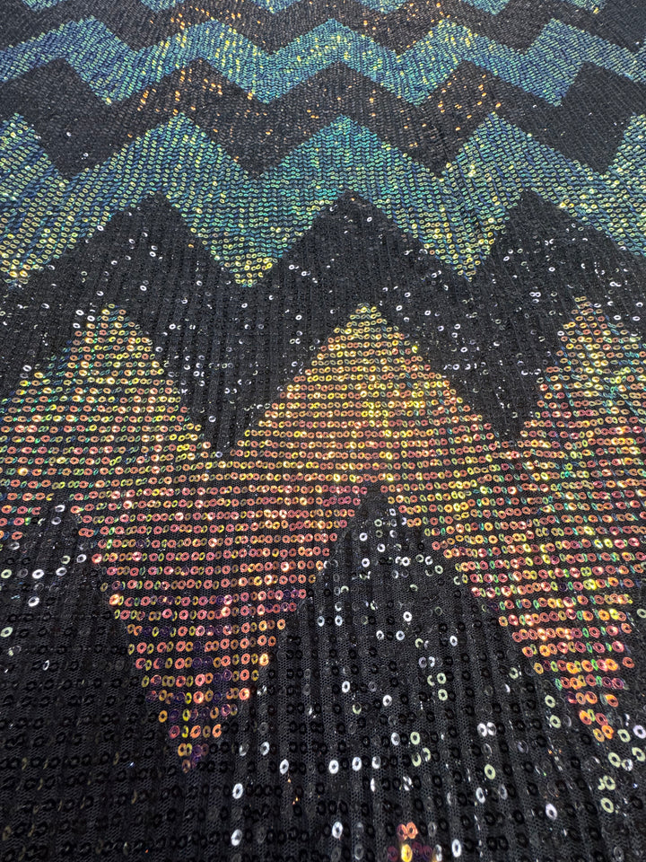 Chevron Holographic Sequin Fabric on Black Mesh