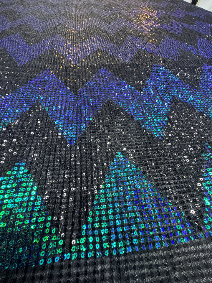 Blue-Green Iridescent Chevron Sequin Fabric on Black Mesh