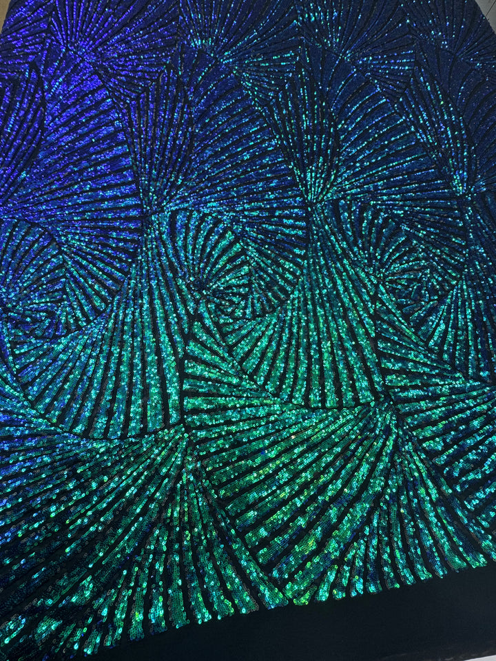 Blue-Green Iridescent Sequin Fabric on Black Mesh ( 1 Piece = 4 Meter)