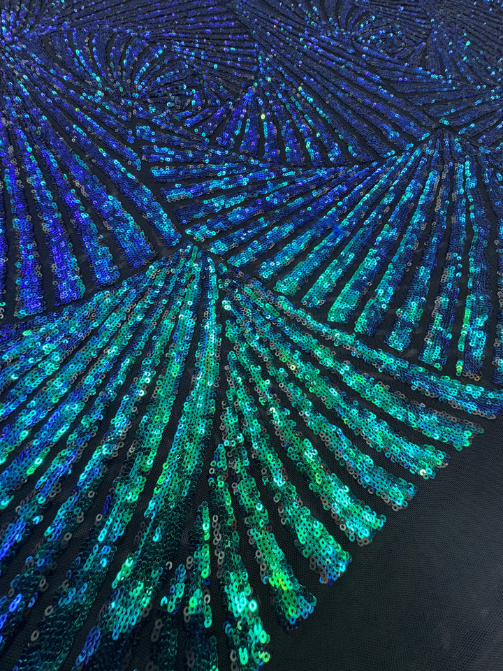 Blue-Green Iridescent Sequin Fabric on Black Mesh ( 1 Piece = 4 Meter)