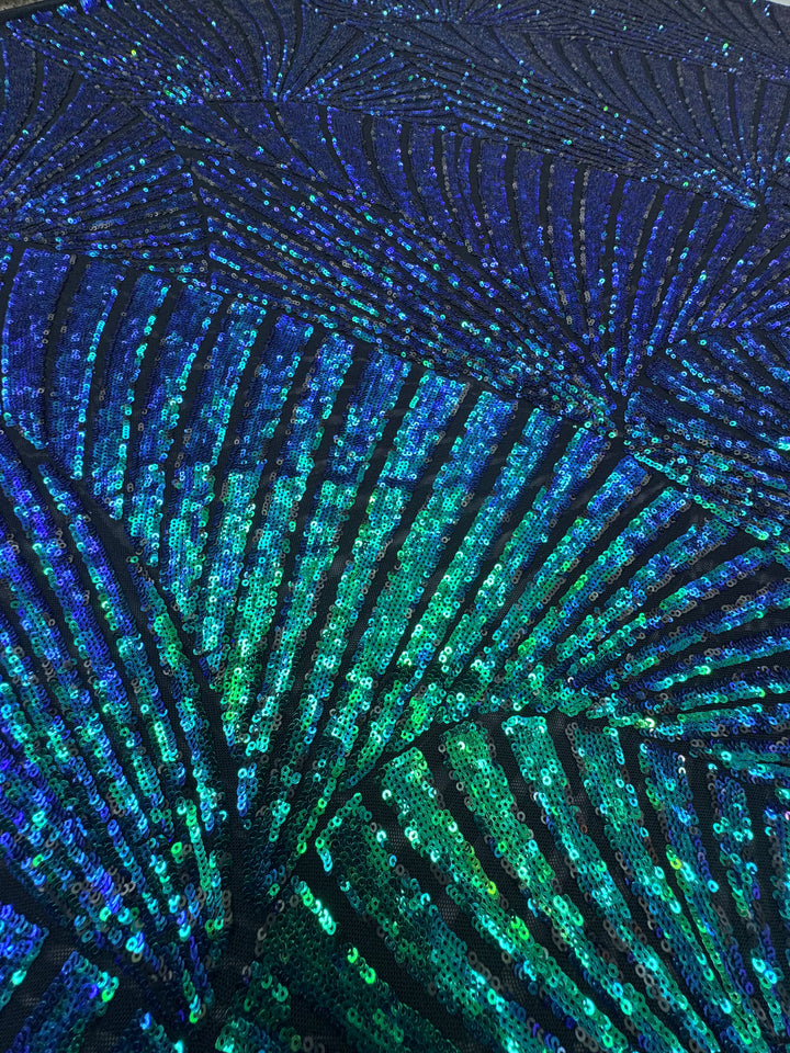 Blue-Green Iridescent Sequin Fabric on Black Mesh ( 1 Piece = 4 Meter)