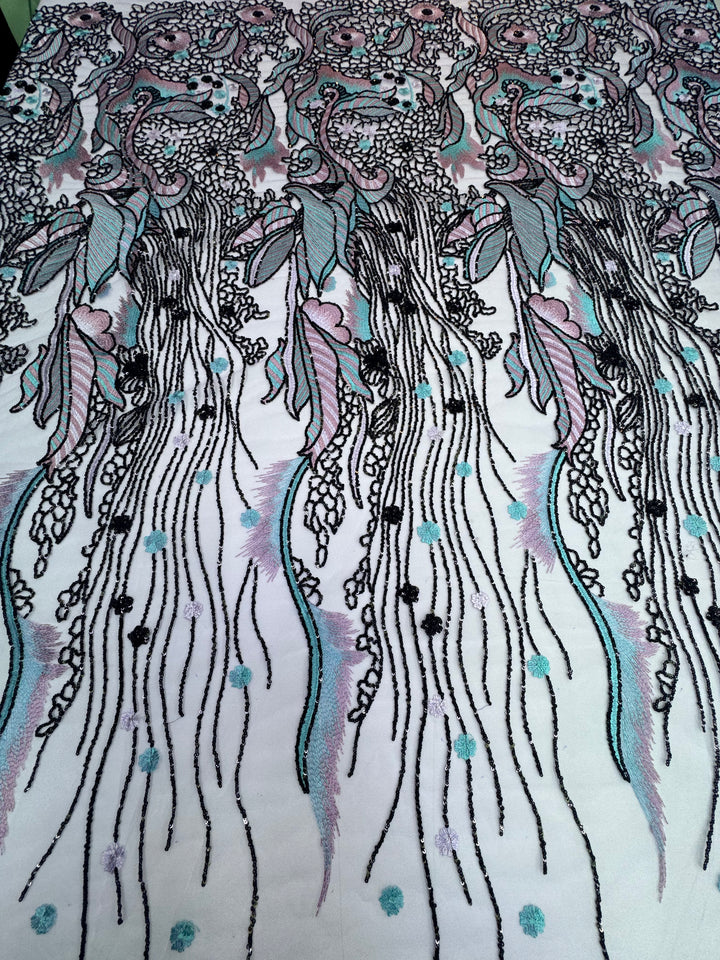 Luxury Pastel Embroidered Lace with Black Sequin Accents