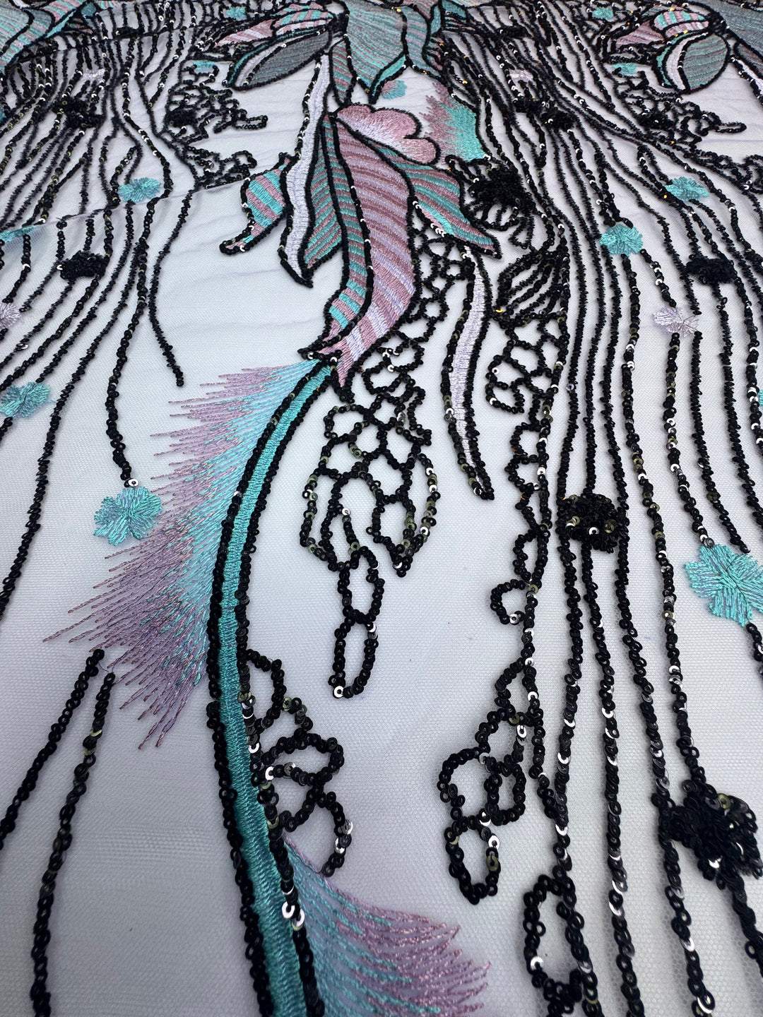 Luxury Pastel Embroidered Lace with Black Sequin Accents
