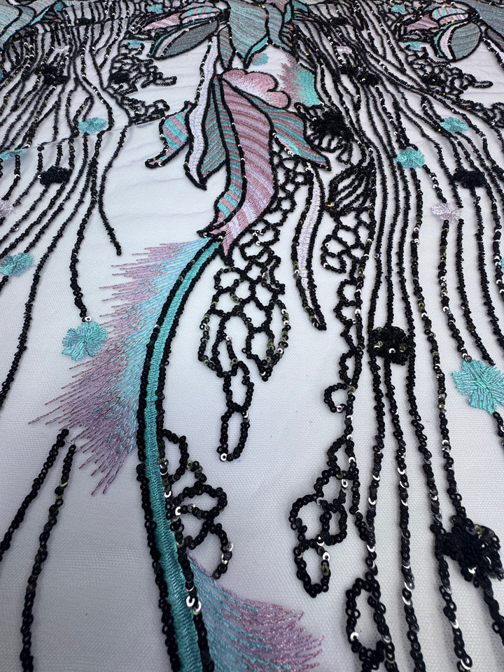 Luxury Pastel Embroidered Lace with Black Sequin Accents