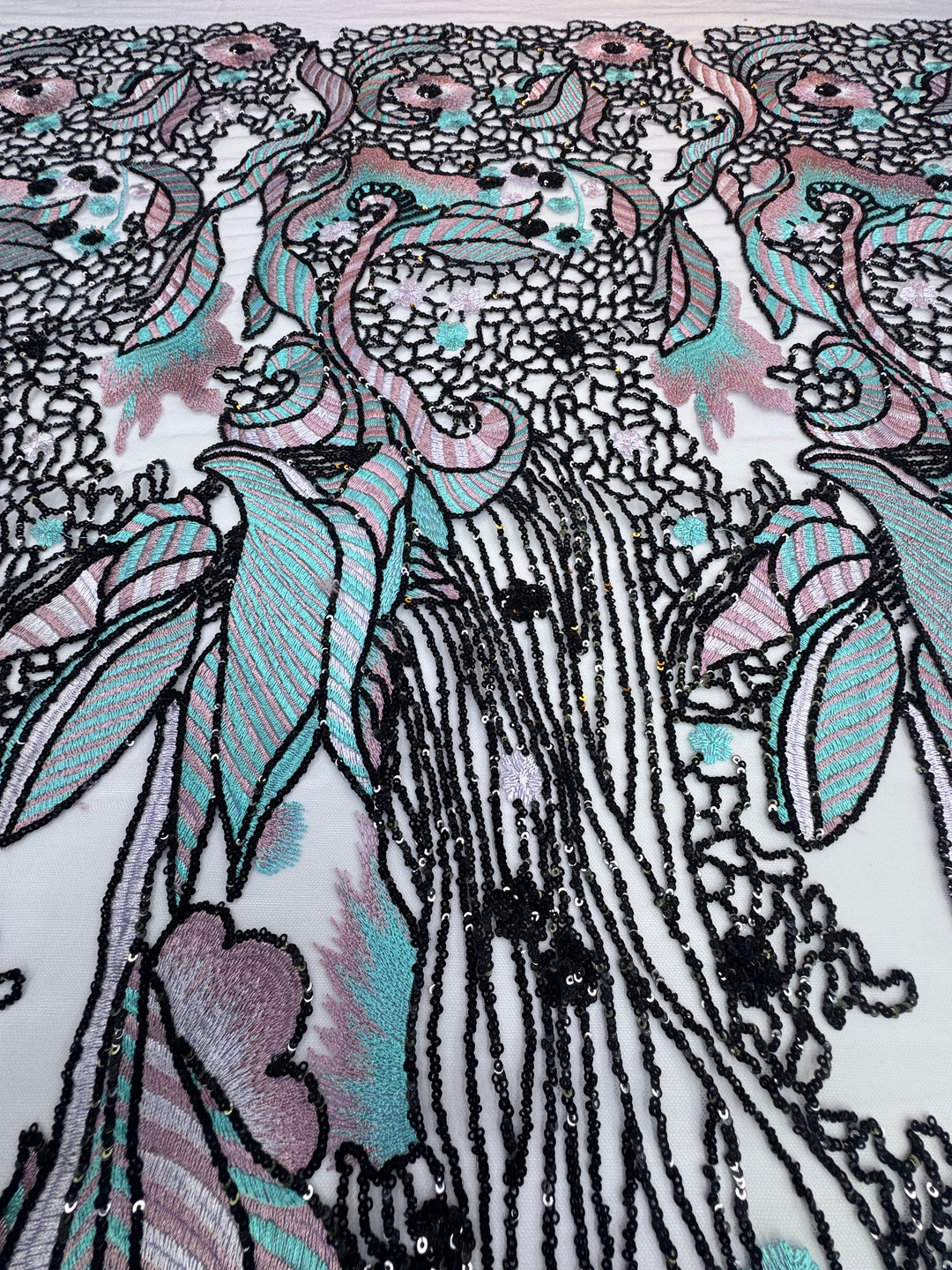 Luxury Pastel Embroidered Lace with Black Sequin Accents