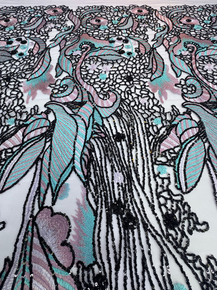 Luxury Pastel Embroidered Lace with Black Sequin Accents