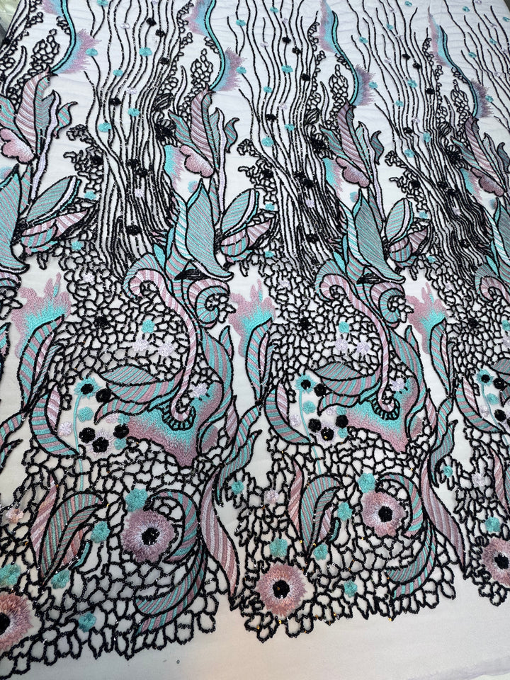 Luxury Pastel Embroidered Lace with Black Sequin Accents