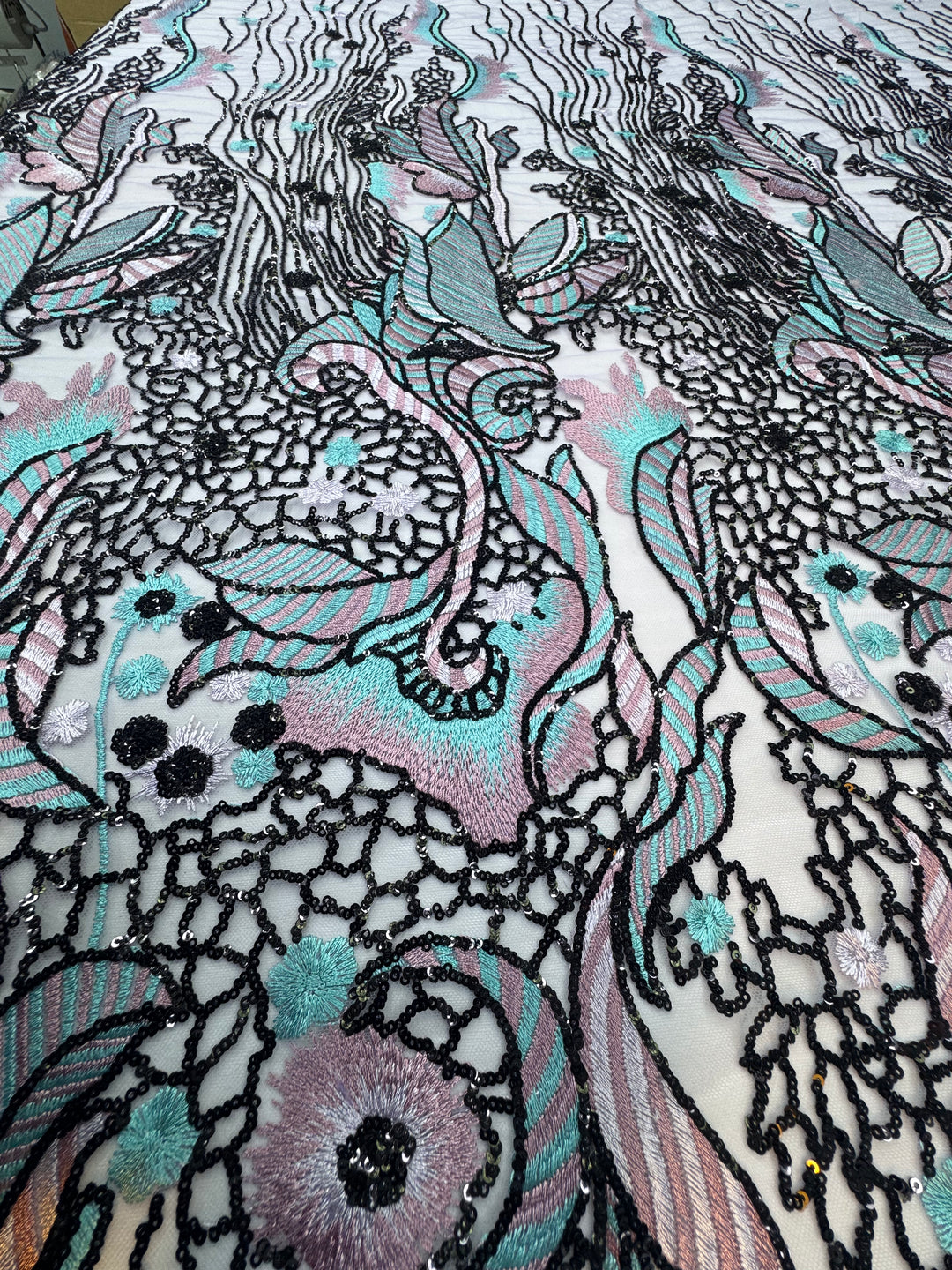 Luxury Pastel Embroidered Lace with Black Sequin Accents