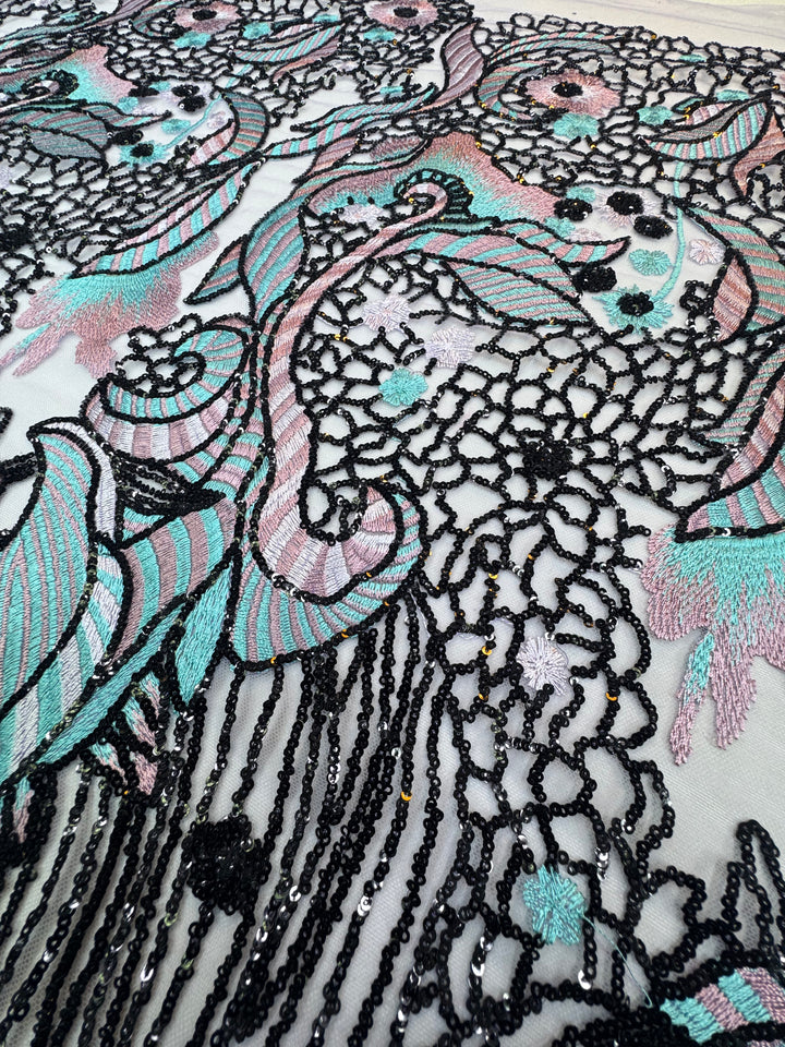 Luxury Pastel Embroidered Lace with Black Sequin Accents