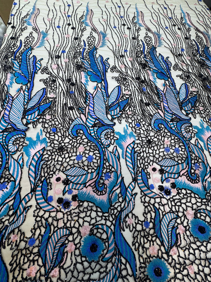 Luxury Blue & Lilac Embroidered Lace with Black Sequin Detailing