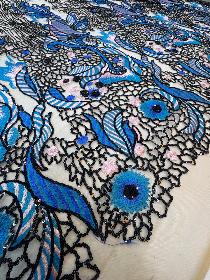 Luxury Blue & Lilac Embroidered Lace with Black Sequin Detailing