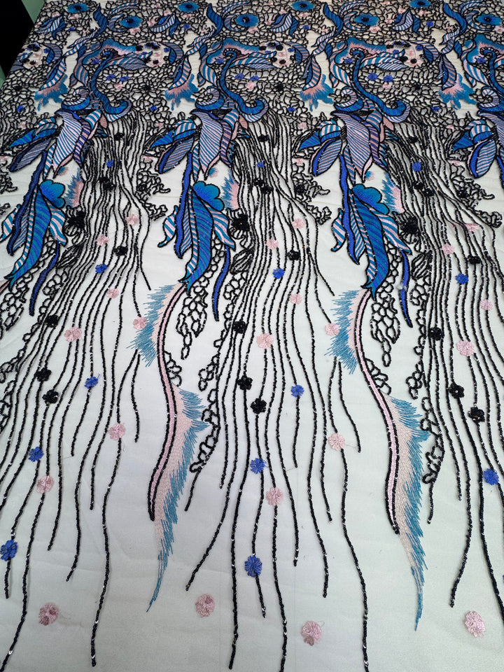 Luxury Blue & Lilac Embroidered Lace with Black Sequin Detailing