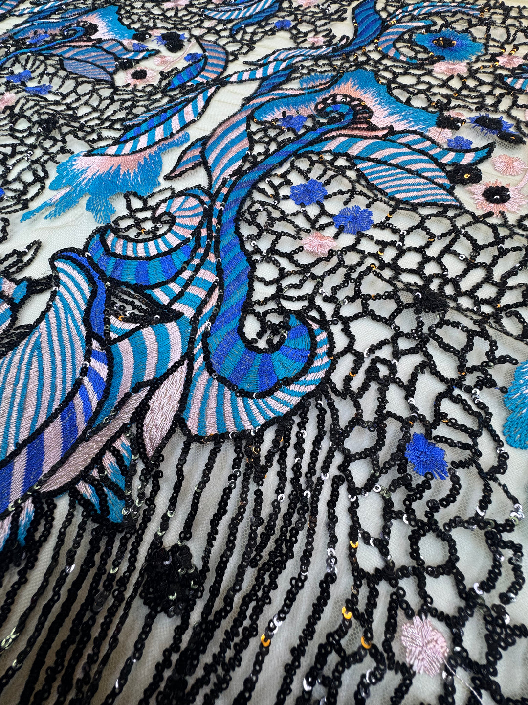 Luxury Blue & Lilac Embroidered Lace with Black Sequin Detailing