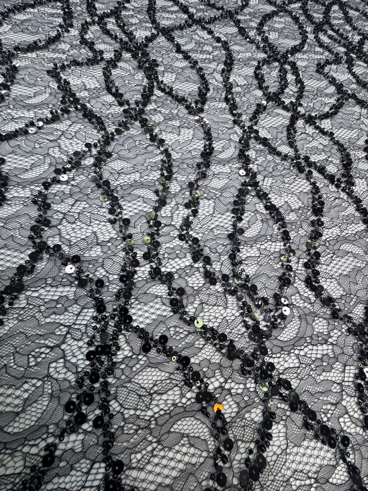 Black Beaded Sequin French Lace with Abstract Pattern