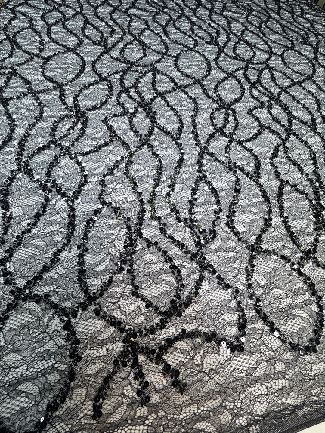 Black Beaded Sequin French Lace with Abstract Pattern