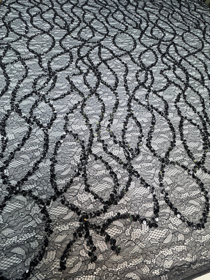 Black Beaded Sequin French Lace with Abstract Pattern