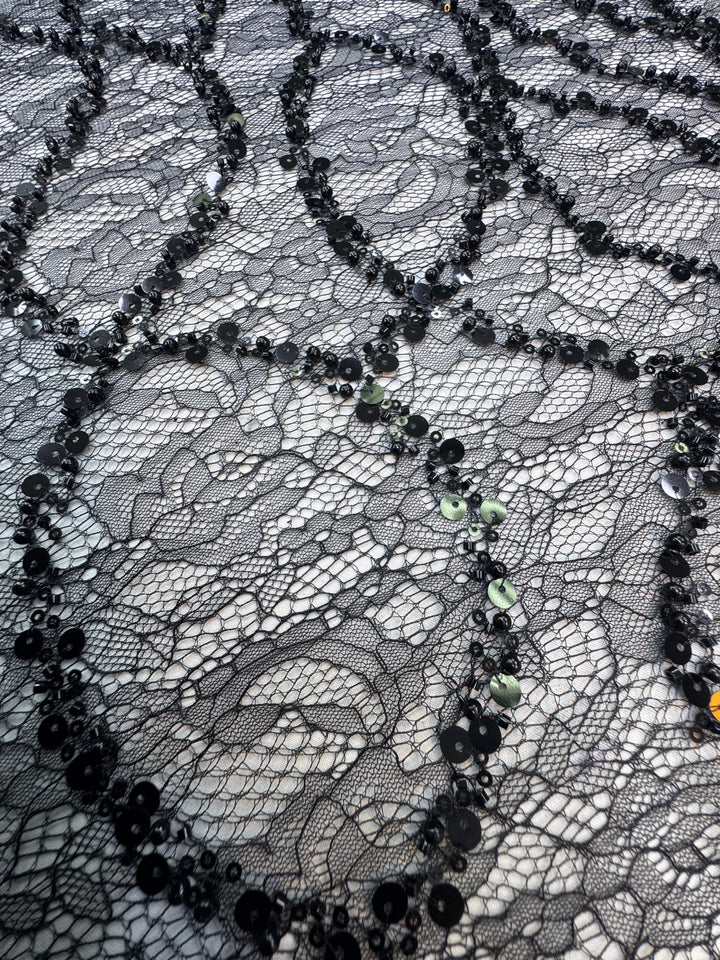 Black Beaded Sequin French Lace with Abstract Pattern