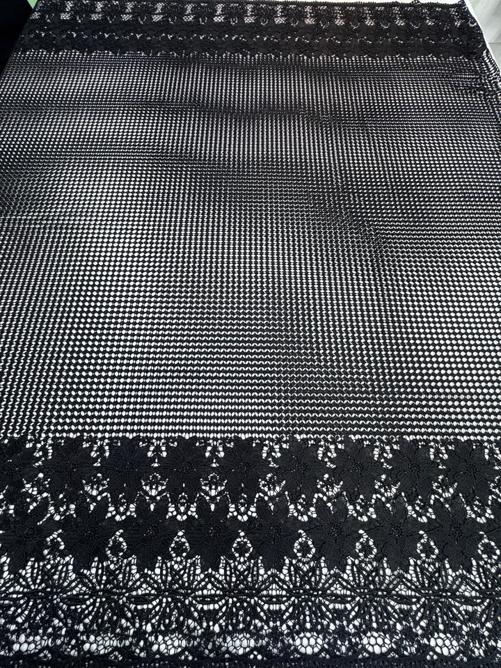 Black Floral Guipure Fabric with Ornate Border