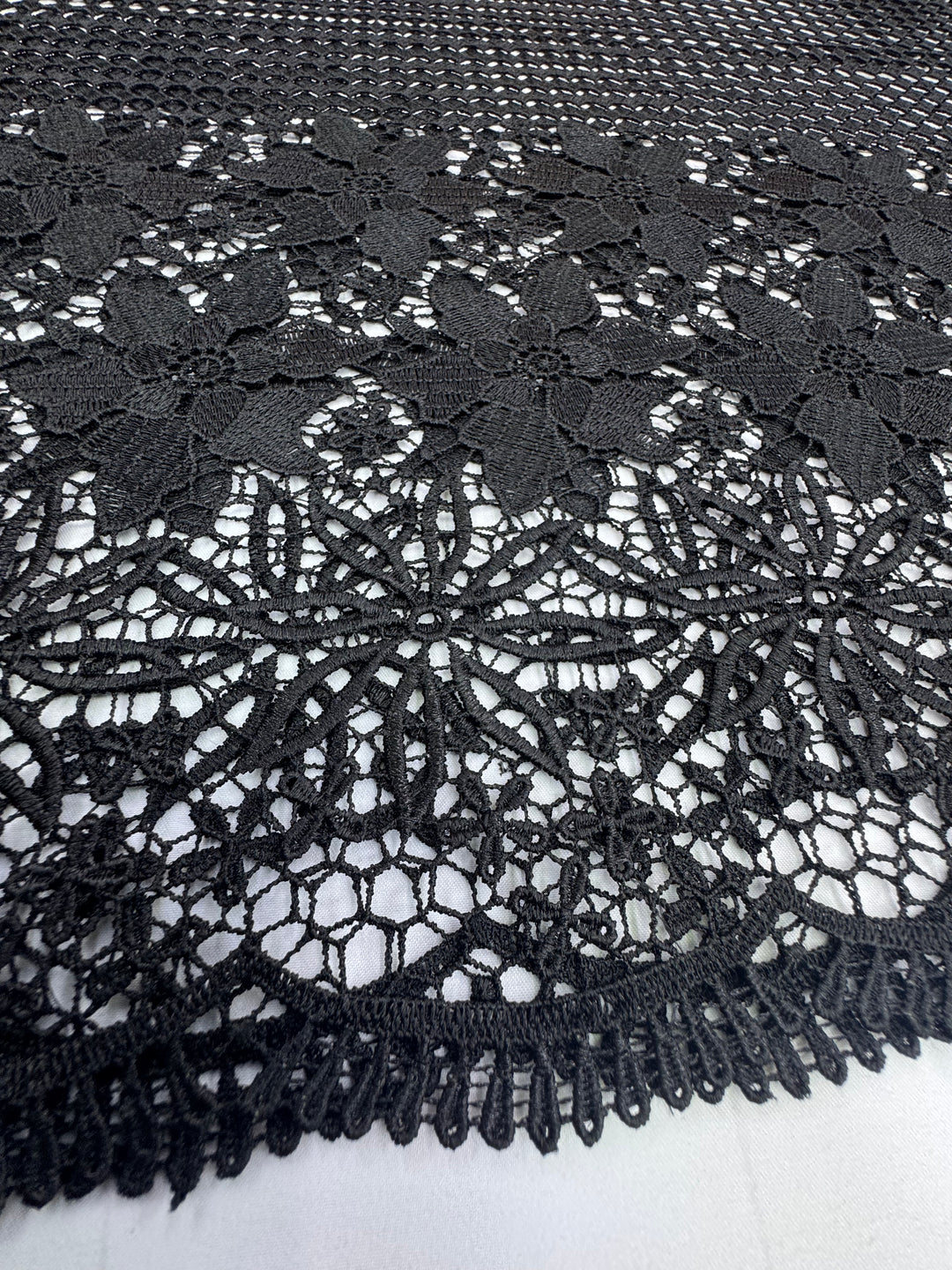 Black Floral Guipure Fabric with Ornate Border
