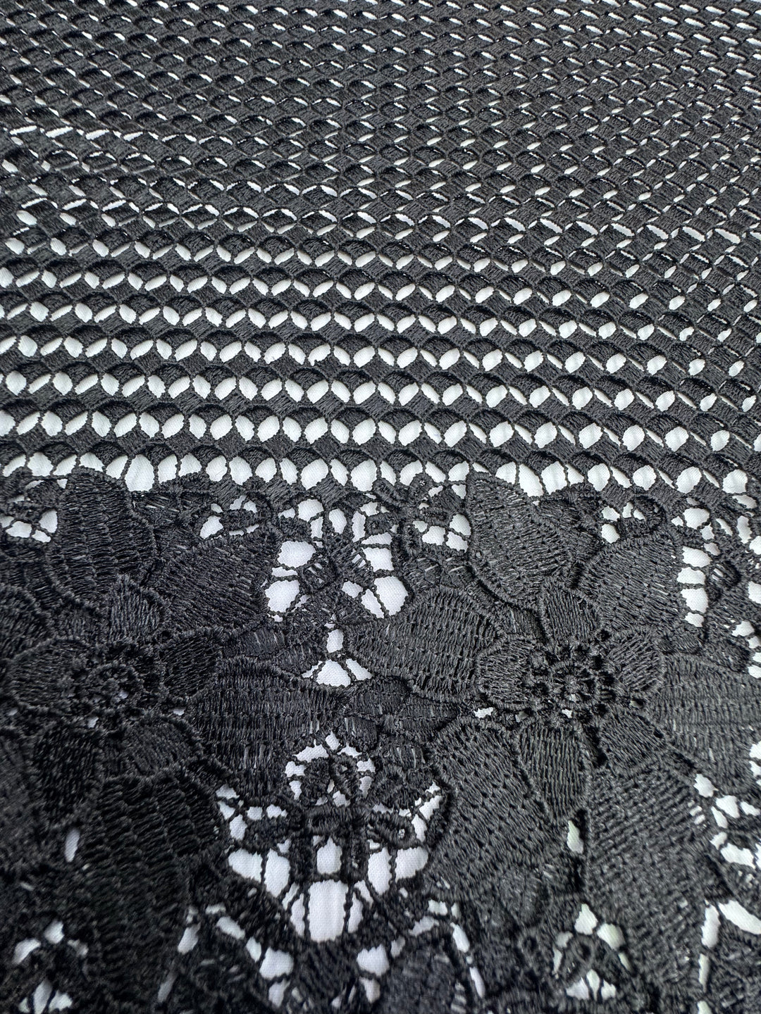 Black Floral Guipure Fabric with Ornate Border