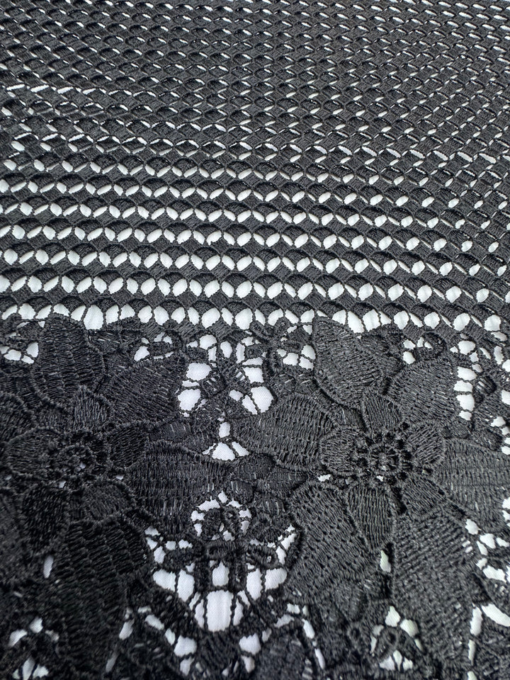 Black Floral Guipure Fabric with Ornate Border