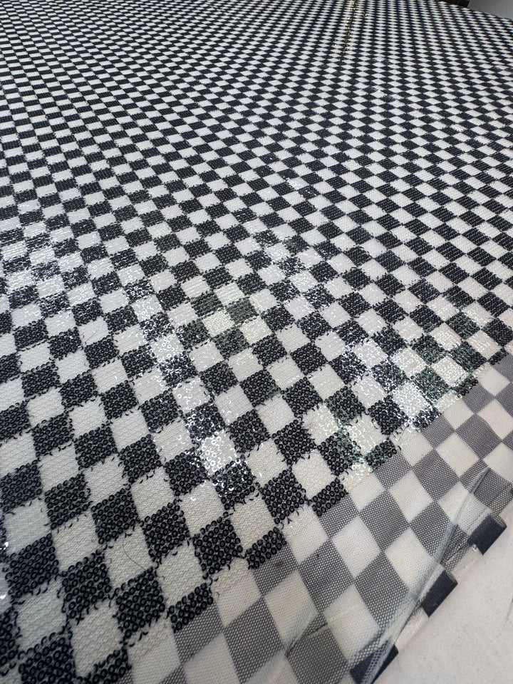 Black and White Sequin Checkered Mesh – Modern Glamour Couture Fabric ( 1 Piece = 5 Meter)
