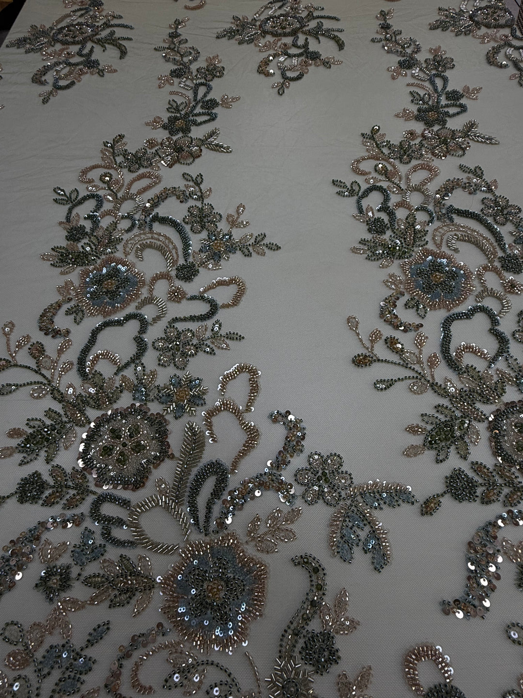 Luxury Beaded Tulle Fabric with Metallic Floral Embroidery & Sequins – Haute Couture Evening & Bridal Wear