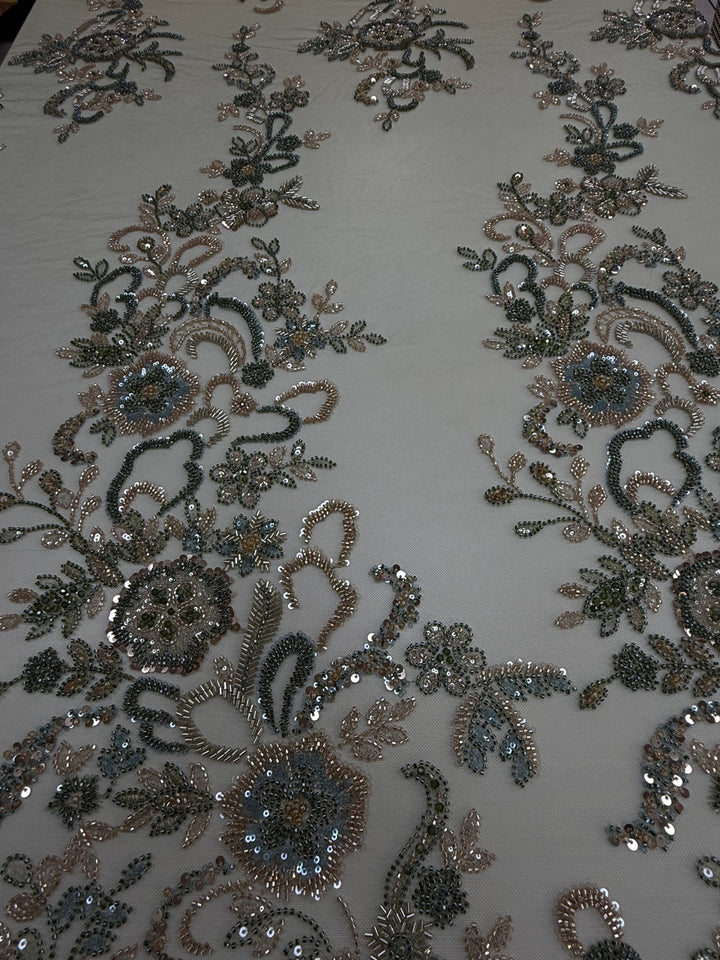 Luxury Beaded Tulle Fabric with Metallic Floral Embroidery & Sequins – Haute Couture Evening & Bridal Wear