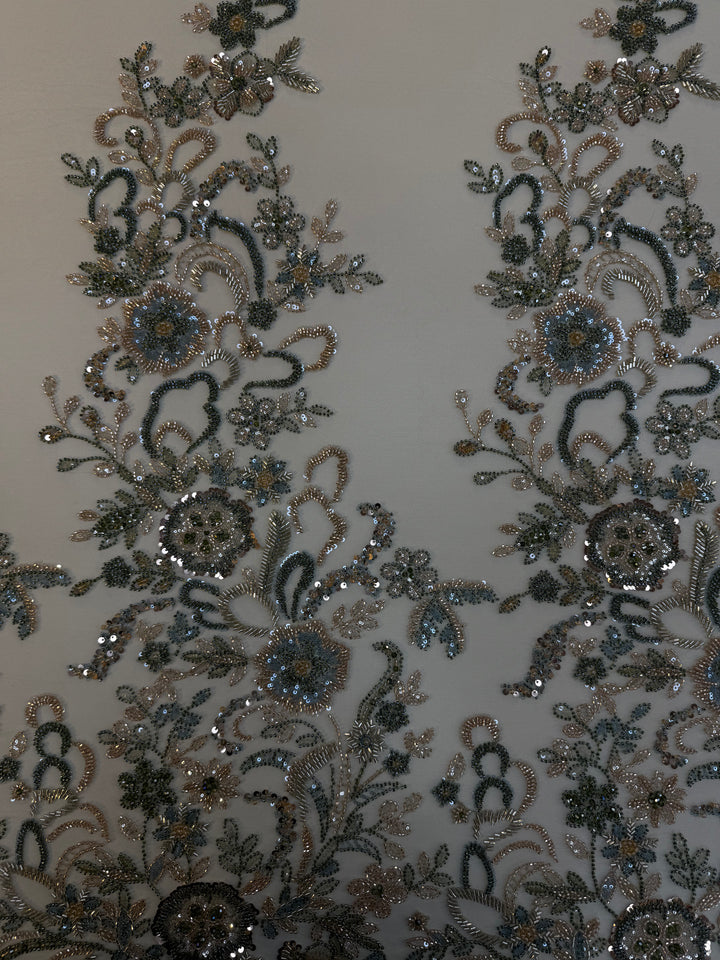 Luxury Beaded Tulle Fabric with Metallic Floral Embroidery & Sequins – Haute Couture Evening & Bridal Wear